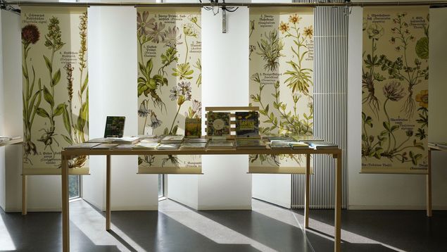 Tisch mit Gartenbüchern. Im Hintergrund Banner mit Pflanzenzeichnungen.