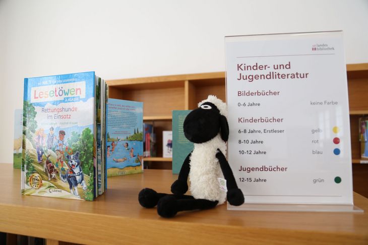 Plüschschaf sitzt auf einem Bücherregal