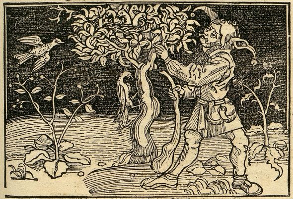 Holzschnitt, Narr mit Baum